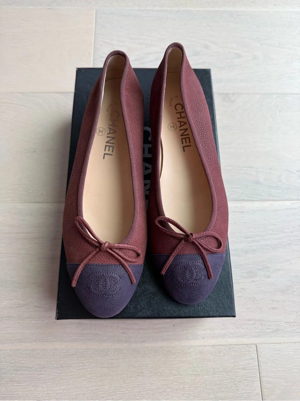 CHANEL Two-Tone Plum and Deep Burgundy Cap-Toe Ballet Flats - Picture 1 of 8